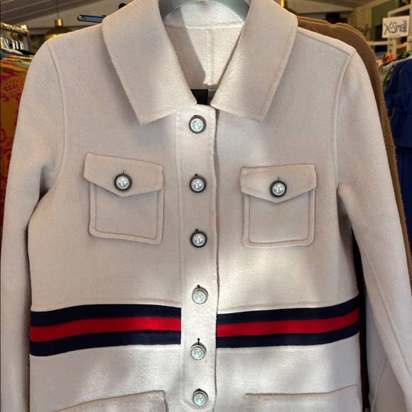 Product Seeker Cream Wool Coat with Navy and Red Accents Peacoat luxury New $198 - Picture 3 of 7